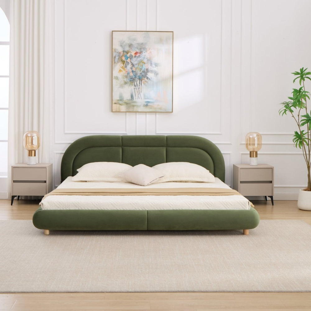 English Elm King Curved Velvet Upholstered Low Profile Platform Bed Sculpted Headboard Modern Green W5632P452163