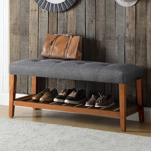 English Elm Fabric Upholstered Bench with Tufted Padded Seat, Open Lower Shelf, Tapered Wood Legs, 43"L Gray,Oak B016P311083