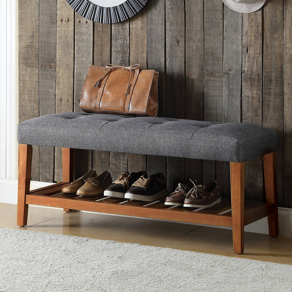 English Elm Fabric Upholstered Bench with Tufted Padded Seat, Open Lower Shelf, Tapered Wood Legs, 43"L Gray,Oak B016P311083
