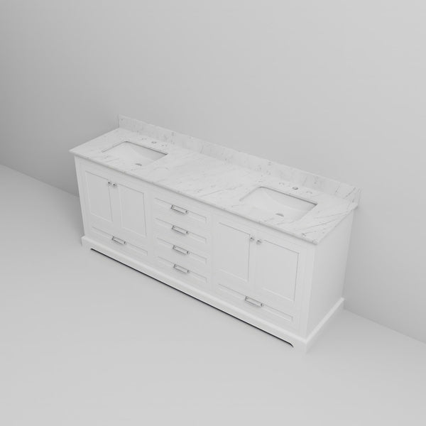 English Elm White Double Bath Vanity With Elegant Carrara Marble Top - Ample Storage & Soft-Close Features! B2731P258259-GIGA