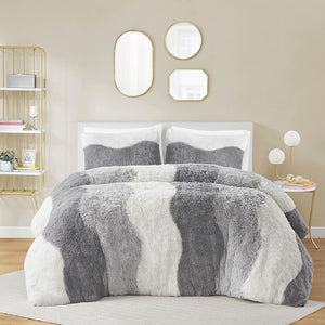 English Elm Twin/Twin Cassie Ombre Shaggy Faux Fur Comforter Set – Tonal Wave Stripes, Reversible Grey, OEKO-TEX B035P148298