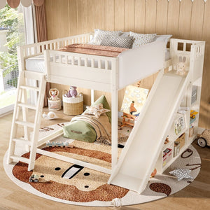 English Elm Full Size Kids Loft Bed Pine Frame Upholstered Headboard Built in Slide and Storage Shelves Beige W1580S00305