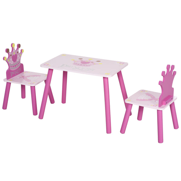 English Elm Qaba Pink 3-Piece Kids Wooden Table & 2 High-Back Chairs with Crown Design for Toddlers Age 2-4 W2225P229159
