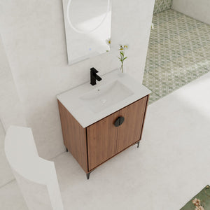 English Elm 24'' Modern Brown Bathroom Vanity with Drop-In Ceramic Sink, Engineered Wood, Soft-Close Doors, Ample Storage W1972S00001