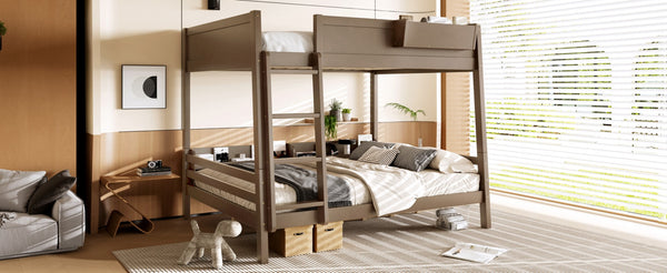 English Elm Queen Over Bunk Bed Pine Frame with Built in Shelving Detachable Vintage Style Brown W5316S00015
