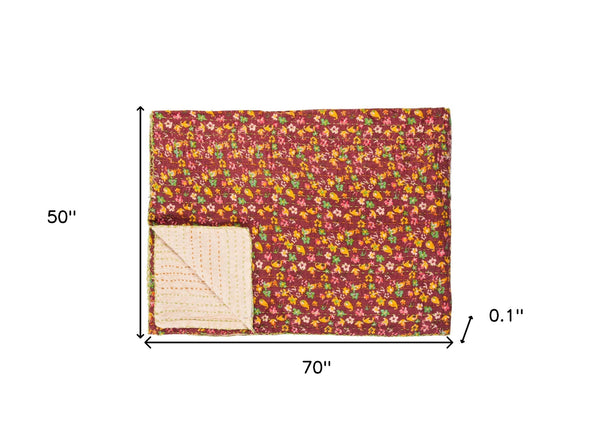 Homeroots 50" X 70" Maroon Yellow And Green Kantha Cotton Floral Throw Blanket With Embroidery Burgundy ,Pink ,Green ,Yellow Cotton 293211
