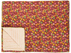 Homeroots 50" X 70" Maroon Yellow And Green Kantha Cotton Floral Throw Blanket With Embroidery Burgundy ,Pink ,Green ,Yellow Cotton 293211