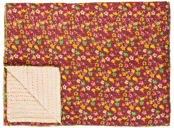 Homeroots 50" X 70" Maroon Yellow And Green Kantha Cotton Floral Throw Blanket With Embroidery Burgundy ,Pink ,Green ,Yellow Cotton 293211