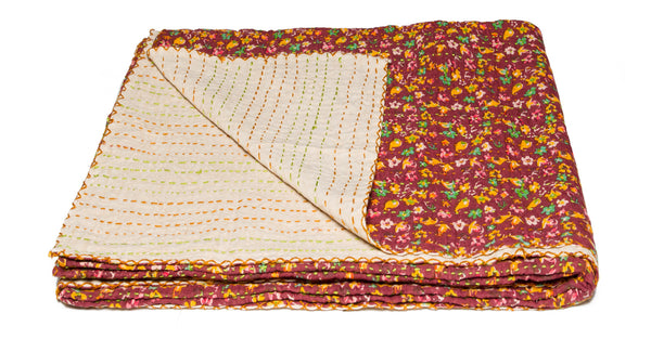 Homeroots 50" X 70" Maroon Yellow And Green Kantha Cotton Floral Throw Blanket With Embroidery Burgundy ,Pink ,Green ,Yellow Cotton 293211