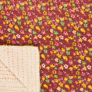 Homeroots 50" X 70" Maroon Yellow And Green Kantha Cotton Floral Throw Blanket With Embroidery Burgundy ,Pink ,Green ,Yellow Cotton 293211