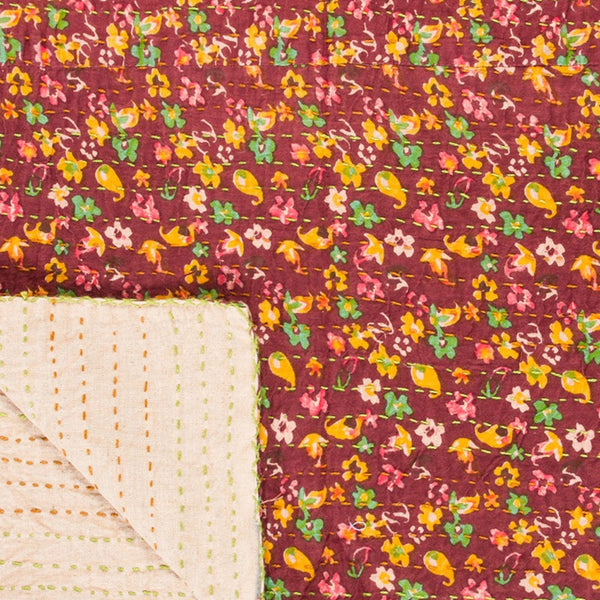 Homeroots 50" X 70" Maroon Yellow And Green Kantha Cotton Floral Throw Blanket With Embroidery Burgundy ,Pink ,Green ,Yellow Cotton 293211