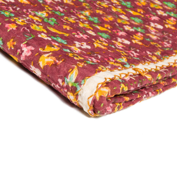 Homeroots 50" X 70" Maroon Yellow And Green Kantha Cotton Floral Throw Blanket With Embroidery Burgundy ,Pink ,Green ,Yellow Cotton 293211
