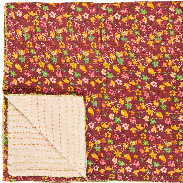 Homeroots 50" X 70" Maroon Yellow And Green Kantha Cotton Floral Throw Blanket With Embroidery Burgundy ,Pink ,Green ,Yellow Cotton 293211