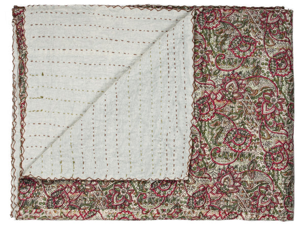 Homeroots 50" X 70" Green And Red Kantha Cotton Damask Throw Blanket With Embroidery Cream ,Green ,Pink Cotton 293212