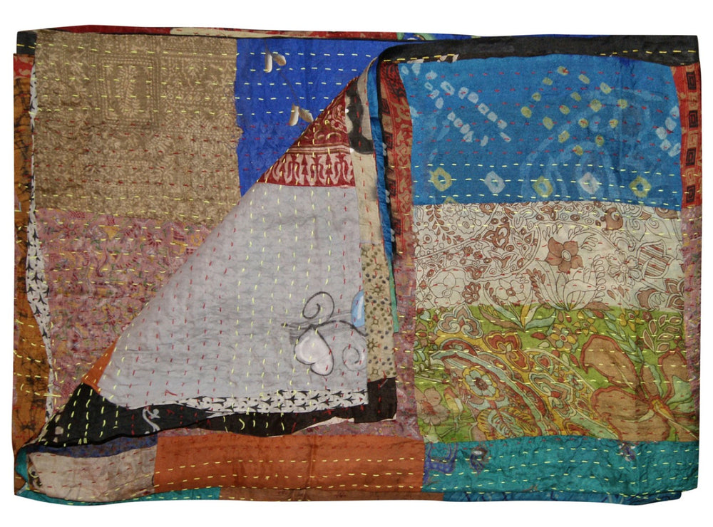 HomeRoots 60" Kantha Throw Blanket - Embroidered Cotton Patchwork Quilt for Cozy Home Decor & Travel Use Silk - 60"x90" Brown / Blue / Grey / Green 293213