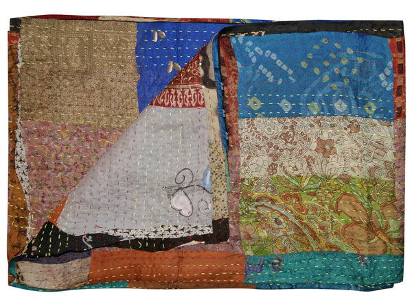 Homeroots 90" X 60" Blue Brown And Green Kantha Cotton Patchwork Throw Blanket With Embroidery Brown ,Blue ,Grey ,Green Cotton 293213