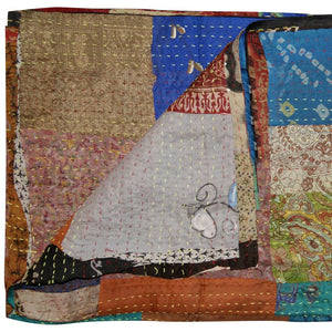 Homeroots 90" X 60" Blue Brown And Green Kantha Cotton Patchwork Throw Blanket With Embroidery Brown ,Blue ,Grey ,Green Cotton 293213