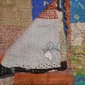 Homeroots 90" X 60" Blue Brown And Green Kantha Cotton Patchwork Throw Blanket With Embroidery Brown ,Blue ,Grey ,Green Cotton 293213