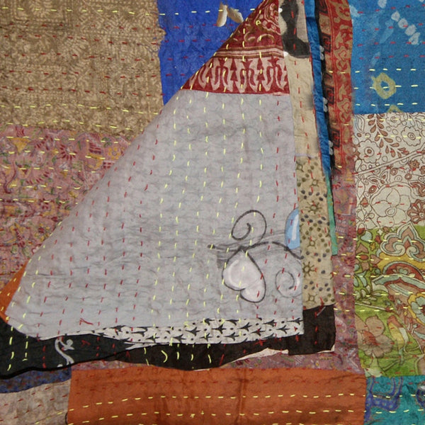 Homeroots 90" X 60" Blue Brown And Green Kantha Cotton Patchwork Throw Blanket With Embroidery Brown ,Blue ,Grey ,Green Cotton 293213