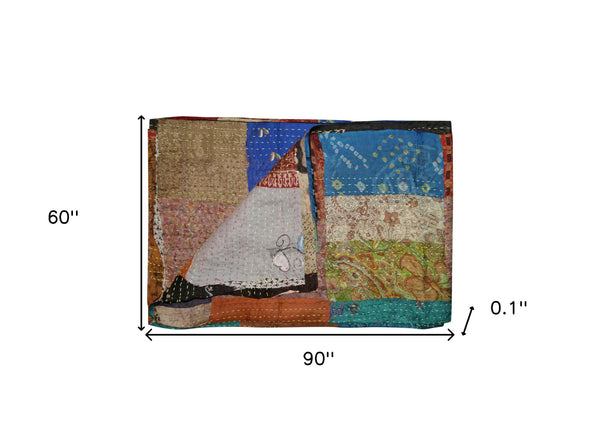 Homeroots 90" X 60" Blue Brown And Green Kantha Cotton Patchwork Throw Blanket With Embroidery Brown ,Blue ,Grey ,Green Cotton 293213