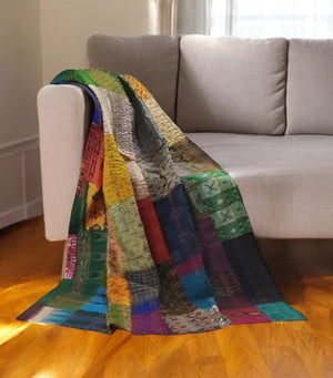 Homeroots 90" X 60" Blue Brown And Green Kantha Cotton Patchwork Throw Blanket With Embroidery Brown ,Blue ,Grey ,Green Cotton 293213