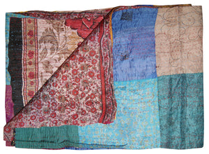 Homeroots 60" X 90" Blue Brown And Green Kantha Cotton Patchwork Throw Blanket With Embroidery Blue ,Grey ,Red Cotton 293214