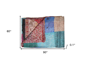 Homeroots 60" X 90" Blue Brown And Green Kantha Cotton Patchwork Throw Blanket With Embroidery Blue ,Grey ,Red Cotton 293214