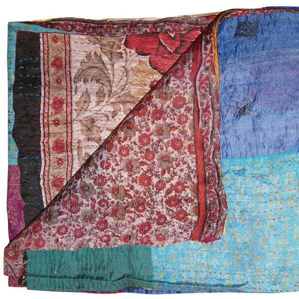Homeroots 60" X 90" Blue Brown And Green Kantha Cotton Patchwork Throw Blanket With Embroidery Blue ,Grey ,Red Cotton 293214