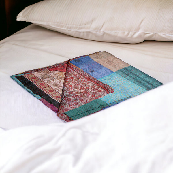 Homeroots 60" X 90" Blue Brown And Green Kantha Cotton Patchwork Throw Blanket With Embroidery Blue ,Grey ,Red Cotton 293214