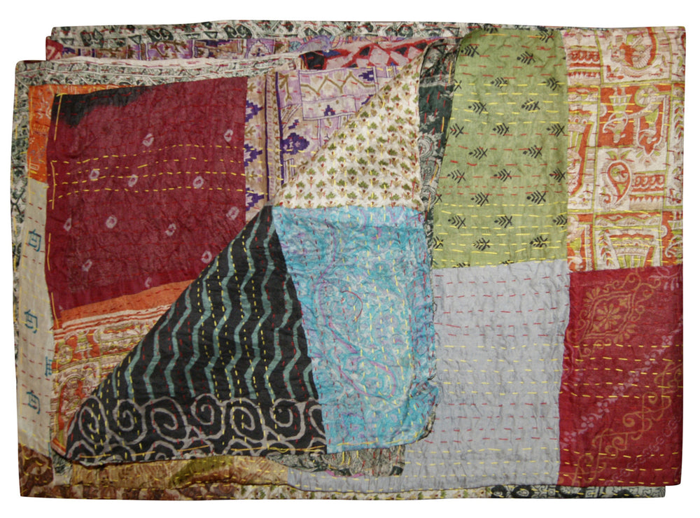 Homeroots 60" X 90" Blue Black And Brown Kantha Cotton Patchwork Throw Blanket With Embroidery  Cotton 293217