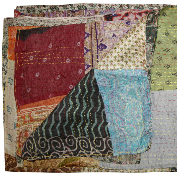 Homeroots 60" X 90" Blue Black And Brown Kantha Cotton Patchwork Throw Blanket With Embroidery  Cotton 293217