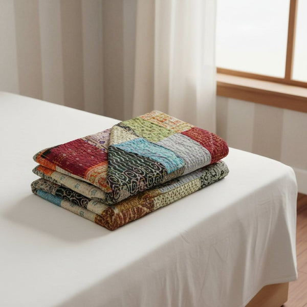 HomeRoots 60" Kantha Cotton Patchwork Throw Blanket - Blue, Black & Brown Embroidery, Reversible Cozy Accent 293217