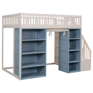 English Elm Full Size Loft Bed With Stylish Storage Cabinets, Privacy Curtain & Multi-Functional Design - White/Blue GX003006AAK