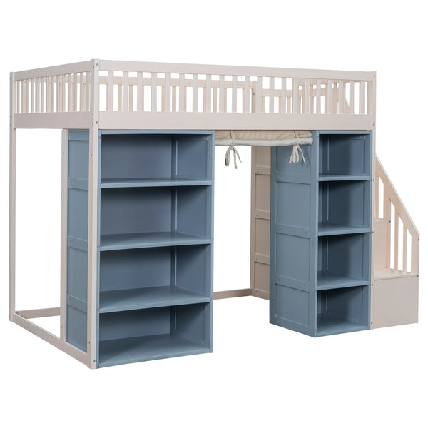 English Elm Full Size Loft Bed With Stylish Storage Cabinets, Privacy Curtain & Multi-Functional Design - White/Blue GX003006AAK