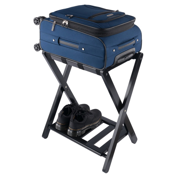 Winsome Wood Raya Luggage Rack With Shelf - Foldable Solid Wood Stand, Black, Ideal For Guest Rooms & Storage Black Solid Wood ,Nylon 29322-winsome-wood