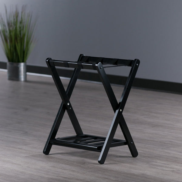 Winsome Wood Raya Luggage Rack With Shelf - Foldable Solid Wood Stand, Black, Ideal For Guest Rooms & Storage Black Solid Wood ,Nylon 29322-winsome-wood