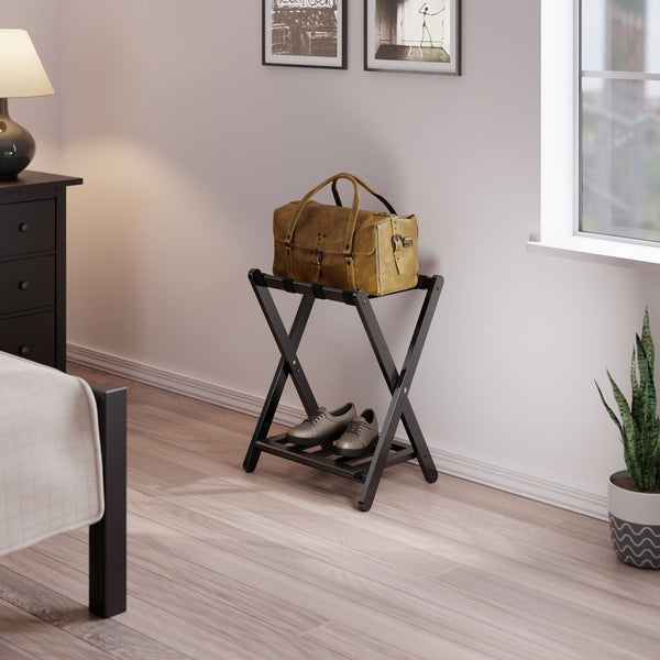 Winsome Wood Raya Luggage Rack With Shelf - Foldable Solid Wood Stand, Black, Ideal For Guest Rooms & Storage Black Solid Wood ,Nylon 29322-winsome-wood