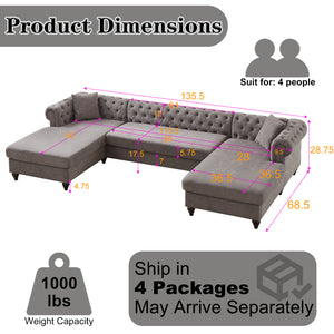 English Elm 135.5-inch Modern Chenille U-Shaped Sectional Sofa with Dual Chaise, Pull-Point Detail, Pillows, Wooden Legs Grey W1926S00047