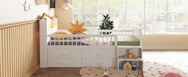 English Elm Low Twin Loft Bed with House-Style Headboard and Built-In LED Lights for Modern Kids' Rooms White 42.91 L x 28.35 W x 6.69 H W2593S00006