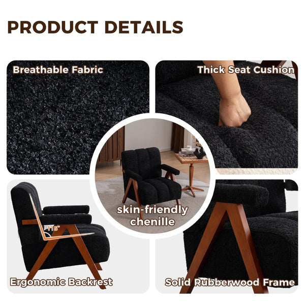 English Elm Mid-century Modern Chenille Lounge Chair Set Oak Frame Cloud Silhouette Living Room Black W1170S00051