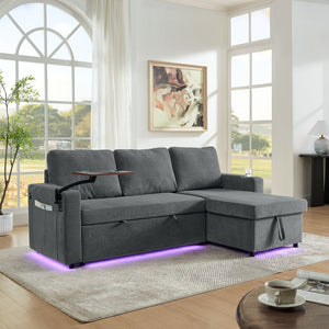 English Elm Modern Chenille Pull-Out Bed Sofa With Table, Led Lights, Usb Ports & Cup Holders - Gray Cozy Comfort W1413S00096