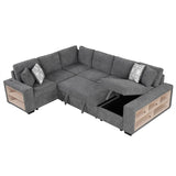 English Elm 109" U-Shaped Sectional Sofa Pull-Out Sofa Bed With Two Usb Ports, A Storage Chaise Lounge and Four Back Pillows For Living Room, Grey