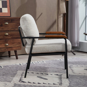 English Elm Modern Accent Chair with Natural Wood Arms, Black Metal Frame, Plush High-Rebound Cushion Comfort Beige W2215P248476