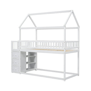 English Elm Twin/twin House Bunk Bed Solid Pine Playhouse Frame with Storage Drawers Shelves White W697S00032