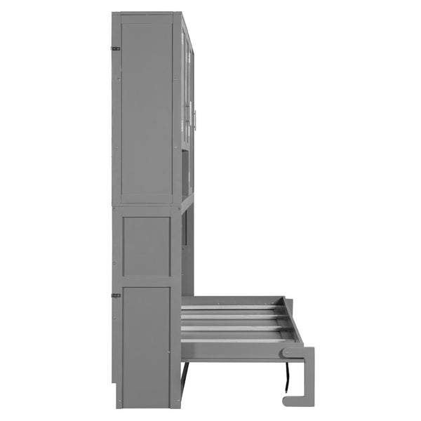 English Elm Twin Murphy Bed with Cabinet Shelves Built in Lighting Usb Ports Space Saving Wall Unit Gray LP000389AAE-1