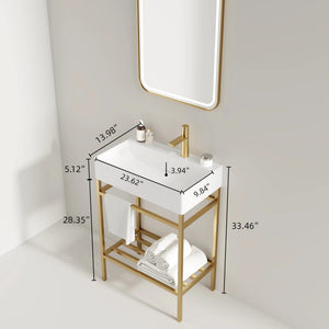 English Elm LOFI Ceramic Integrated Bathroom Vanity 24" with Rectangular Basin, Open Metal Shelf, Easy Clean Gold,White W2615S00080