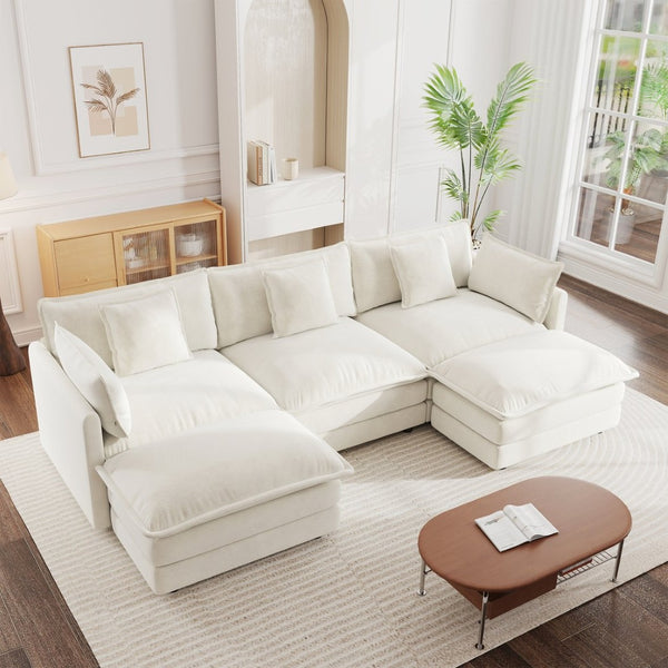 English Elm U-shaped Chenille Sectional Sofa Five Seat Modular Couch with Ottomans for Living Room W714S00560