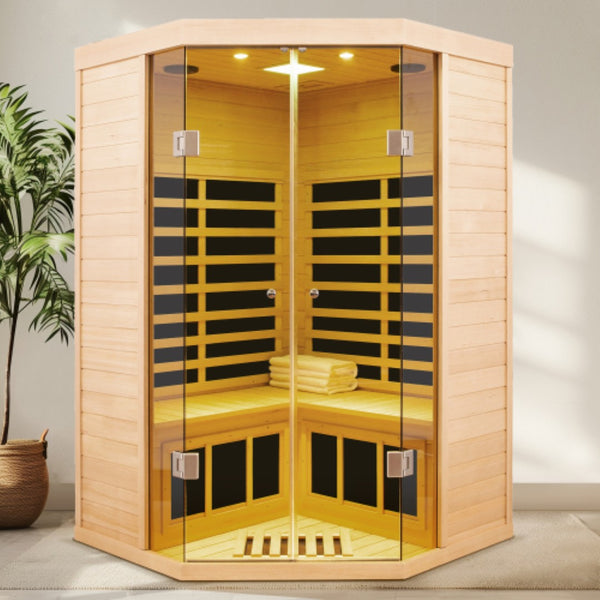 English Elm Hemlock Wood Corner Sauna with Far Infrared Panels for Deep Heat Therapy W1787P324695