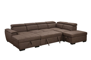 English Elm 128"Sofa U-Shaped Sectional with Pull-Out Bed, Storage Chaises, Adjustable Headrests for Comfort Dark Brown W1417S00087