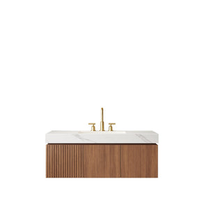 English Elm Muri Floating Bathroom Vanity Plywood Cabinet Sintered Stone Top Oak Woodgrain W2615S00628